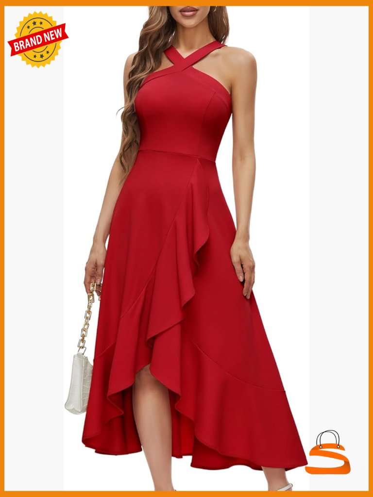 Halter Cocktail Prom Dress Maxi Hi-Lo Ruffled Wedding Guest Sleeveless A-Line